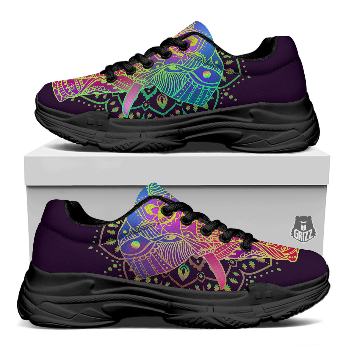 Hippie Elephant Indian Boho Print Black Chunky Shoes-grizzshop
