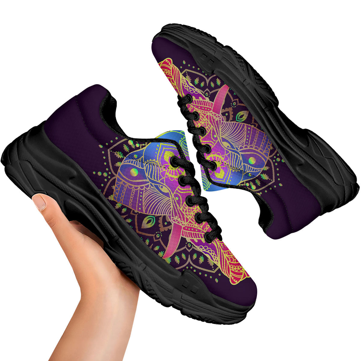 Hippie Elephant Indian Boho Print Black Chunky Shoes-grizzshop