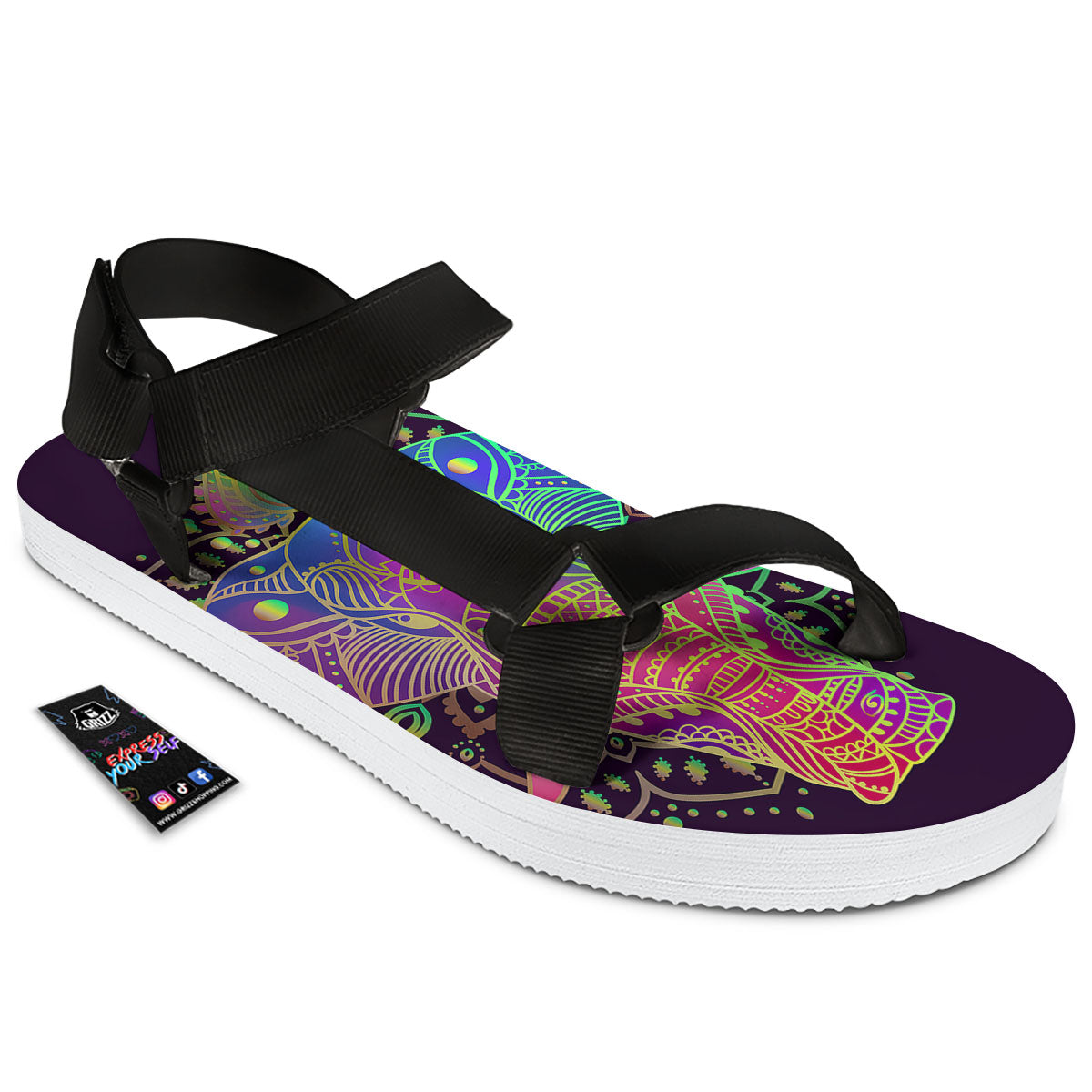 Hippie Elephant Indian Boho Print Black Open Toe Sandals-grizzshop