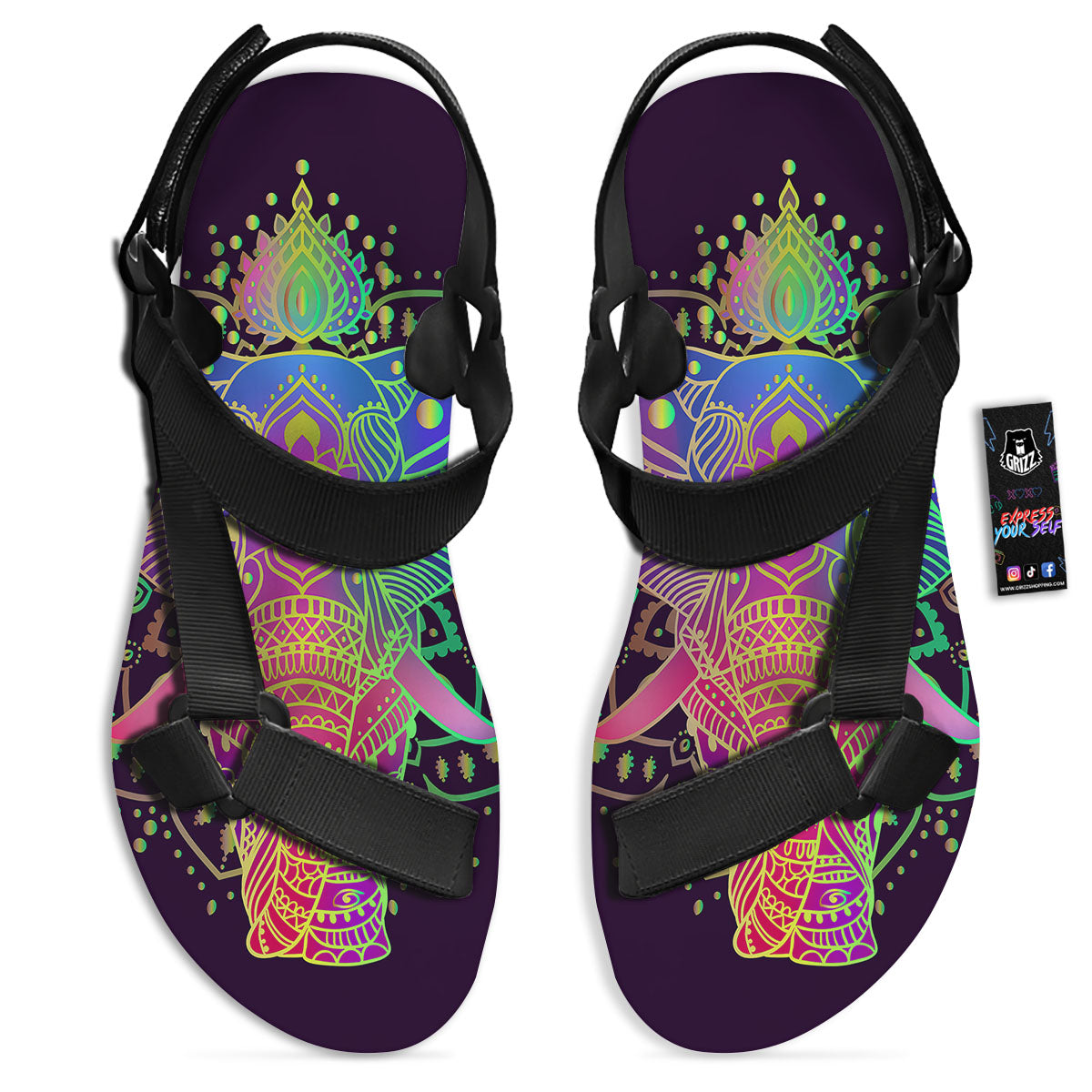 Hippie Elephant Indian Boho Print Black Open Toe Sandals-grizzshop