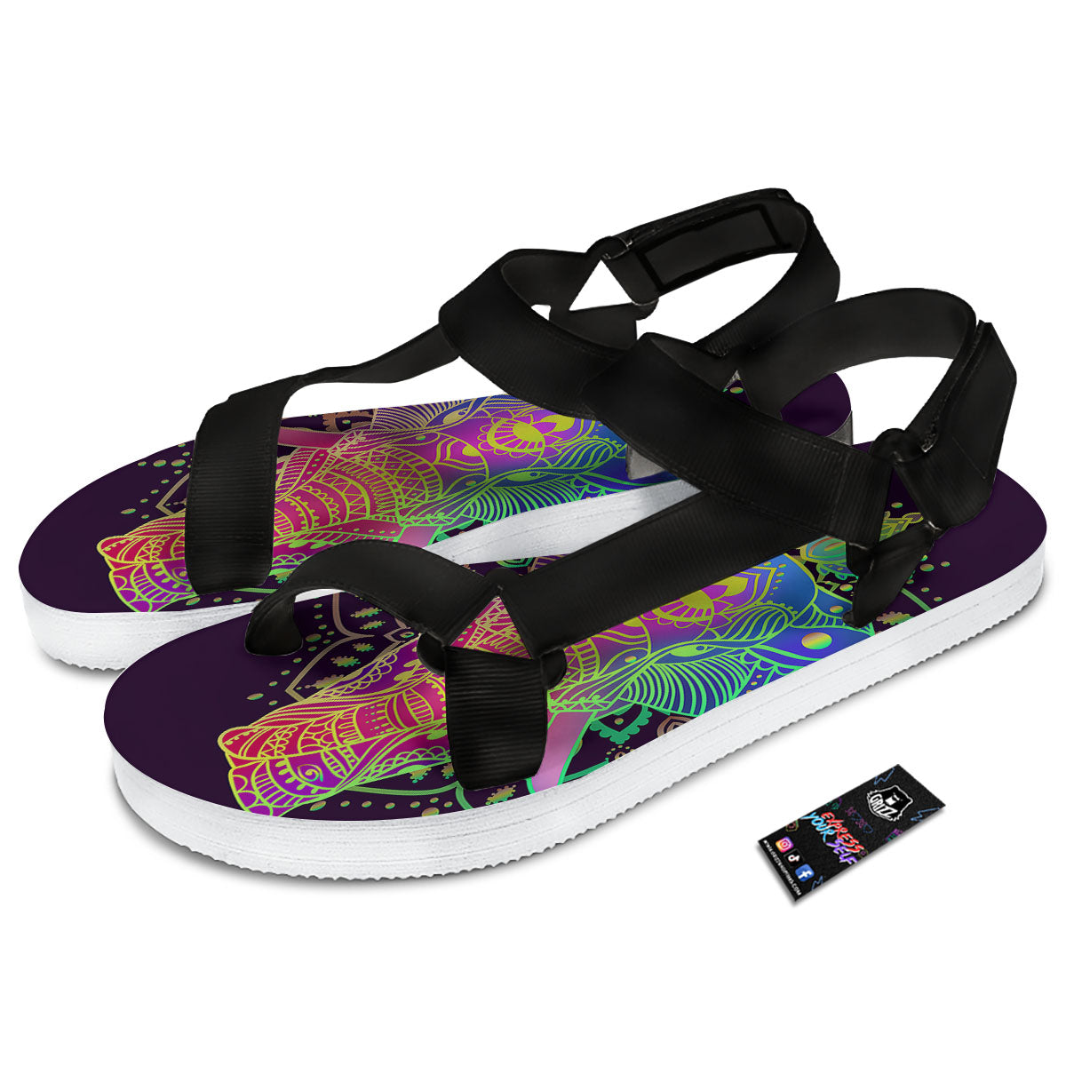 Hippie Elephant Indian Boho Print Black Open Toe Sandals-grizzshop
