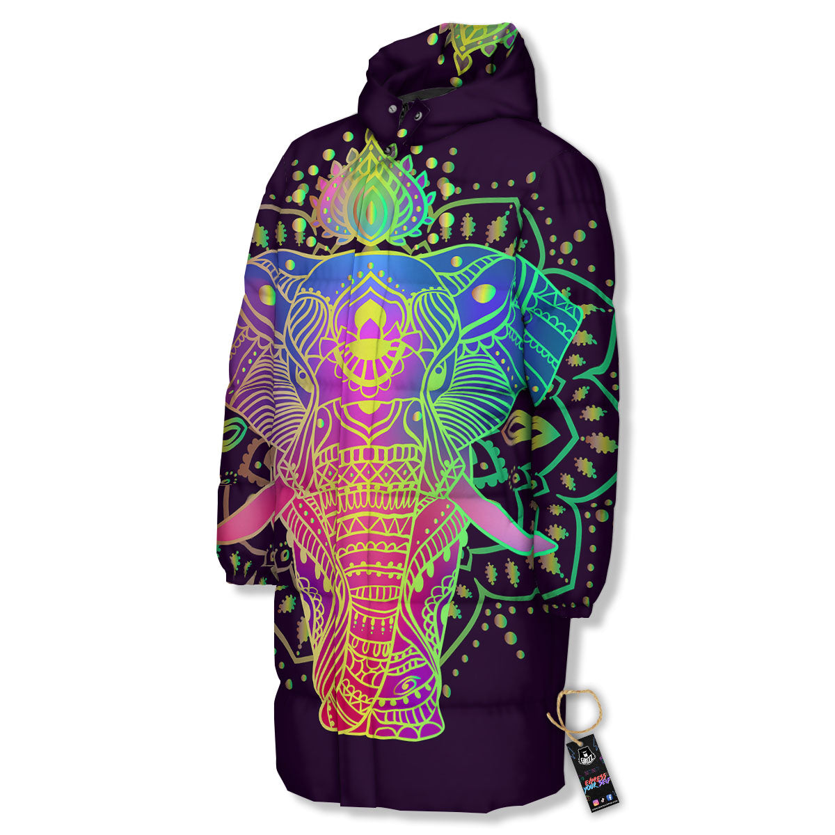 Hippie Elephant Indian Boho Print Long Down Jacket-grizzshop