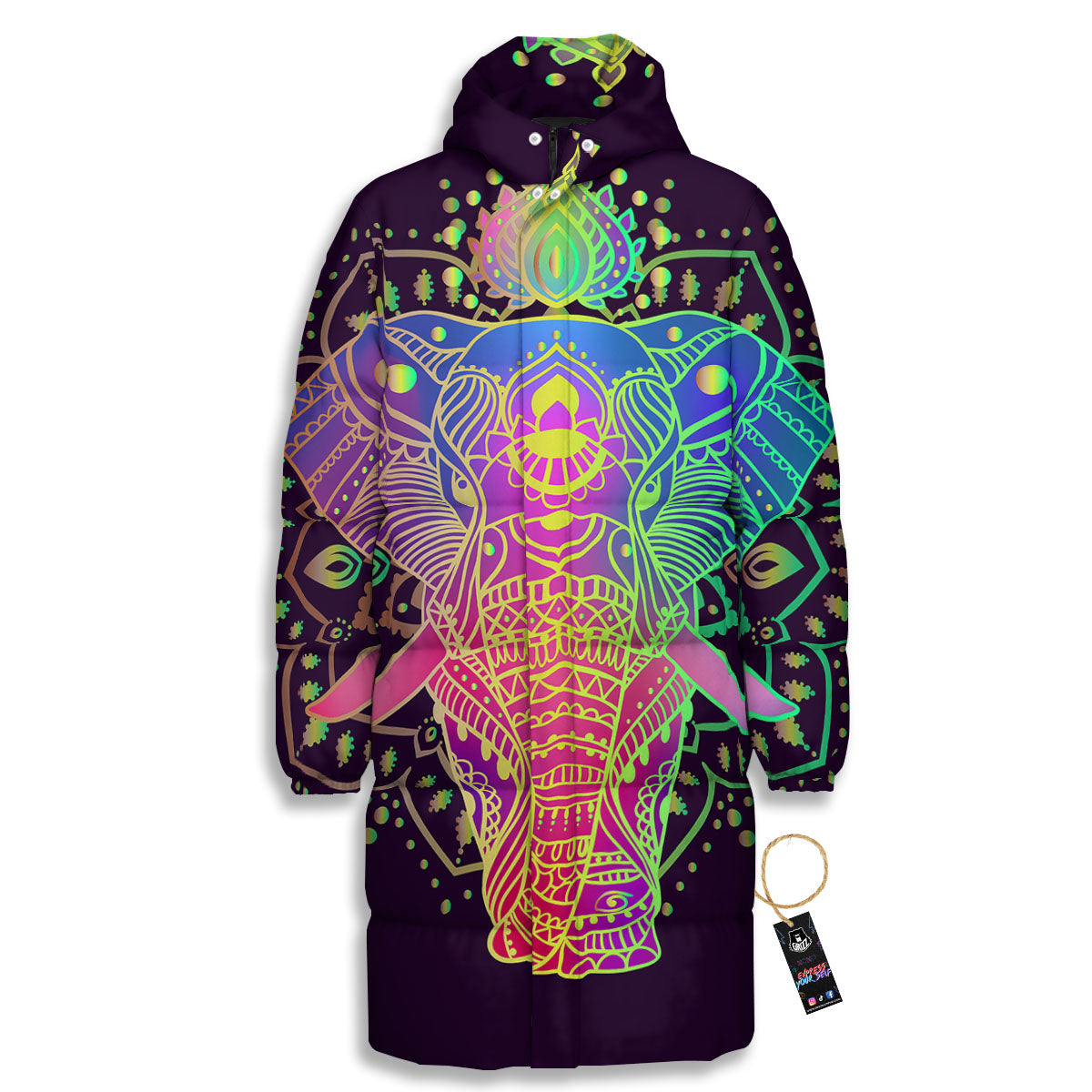 Hippie Elephant Indian Boho Print Long Down Jacket-grizzshop