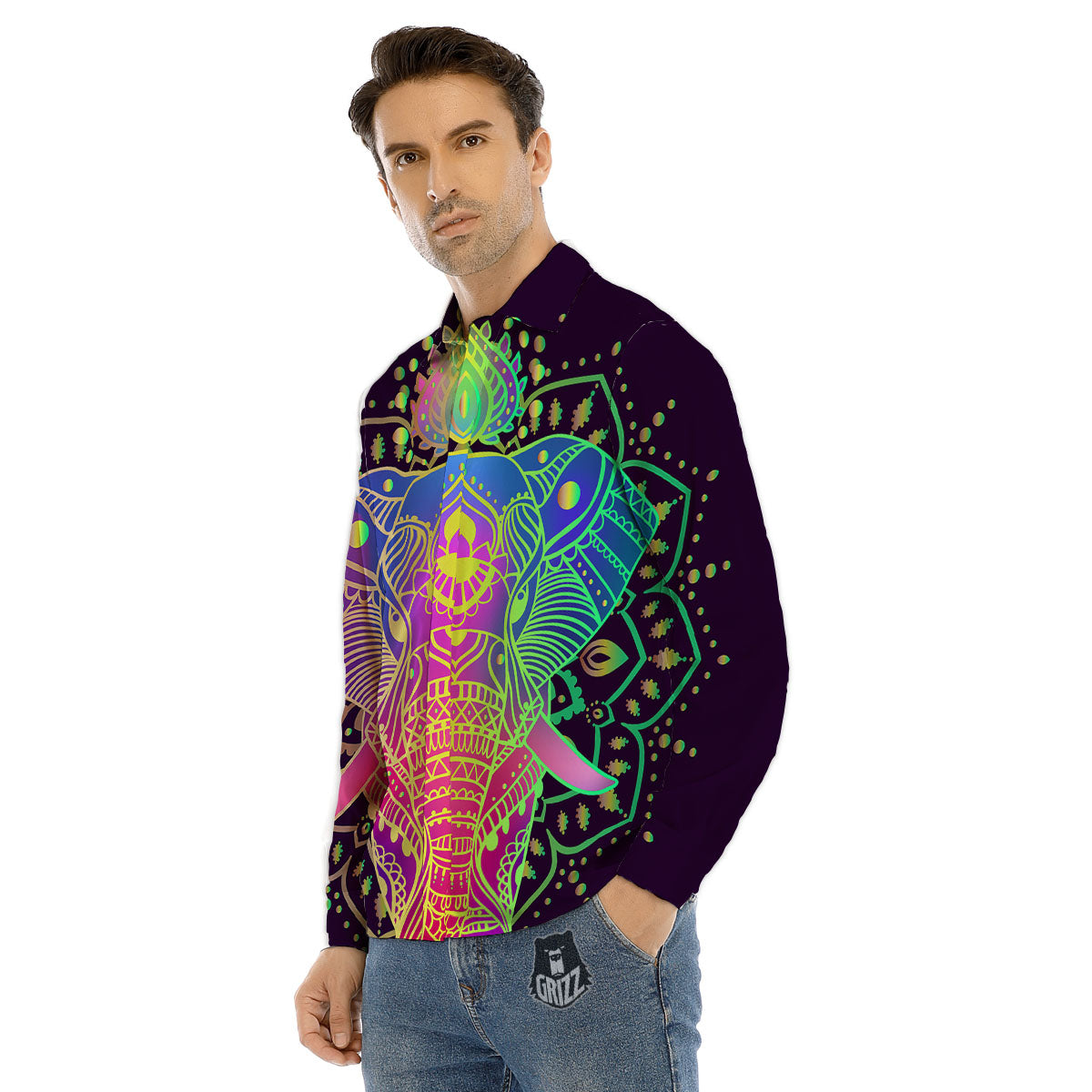 Hippie Elephant Indian Boho Print Men's Dress Shirts-grizzshop
