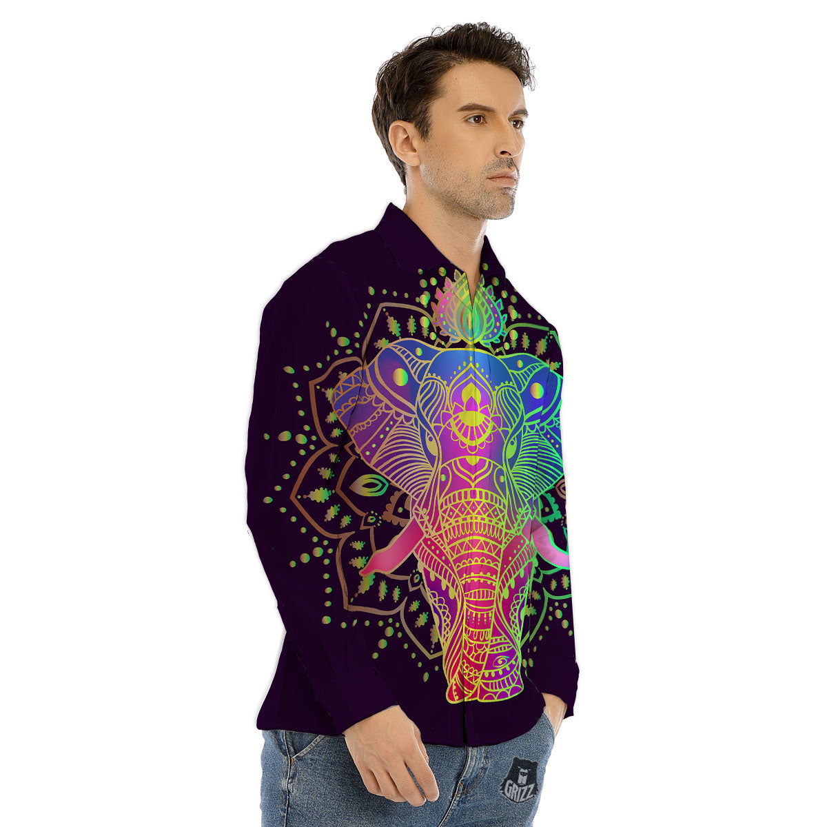 Hippie Elephant Indian Boho Print Men's Dress Shirts-grizzshop