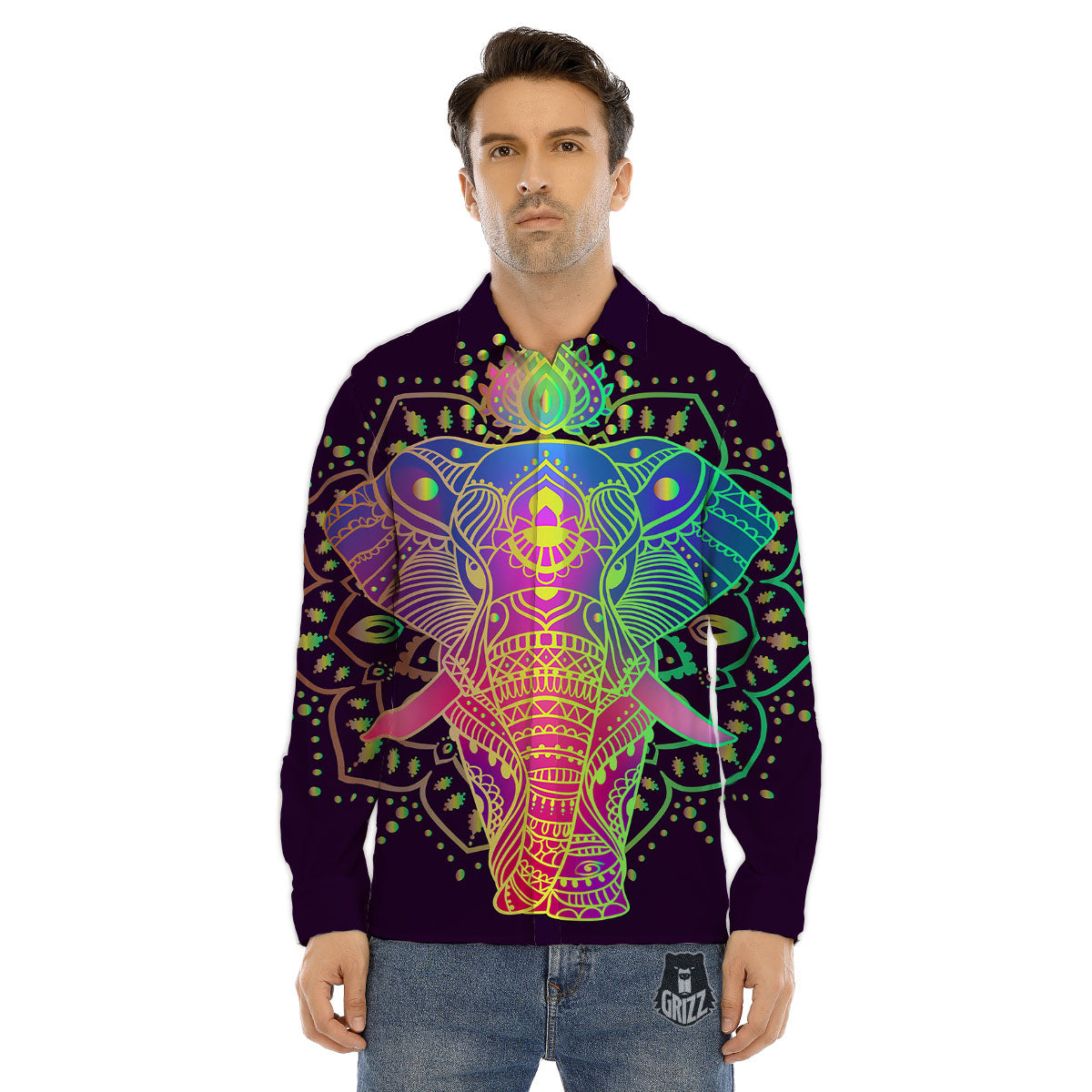 Hippie Elephant Indian Boho Print Men's Dress Shirts-grizzshop