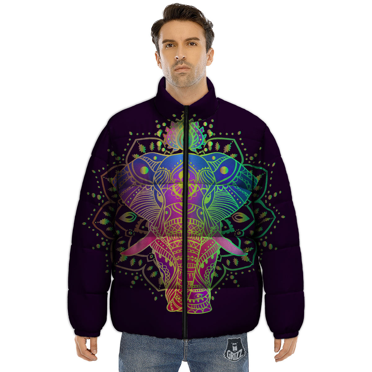 Hippie Elephant Indian Boho Print Puffer Jacket-grizzshop