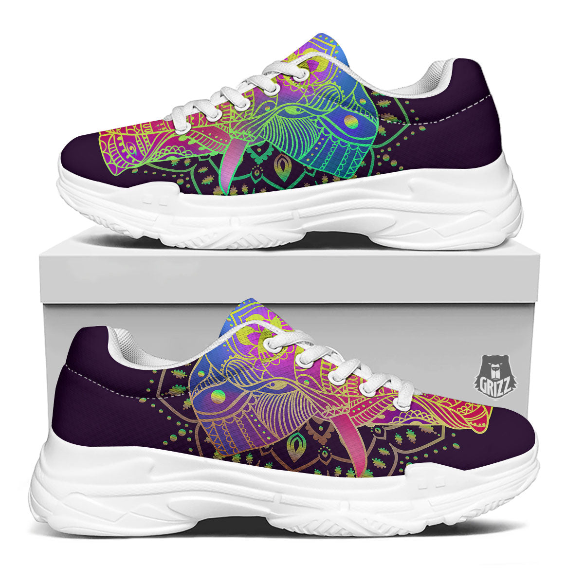 Hippie Elephant Indian Boho Print White Chunky Shoes-grizzshop