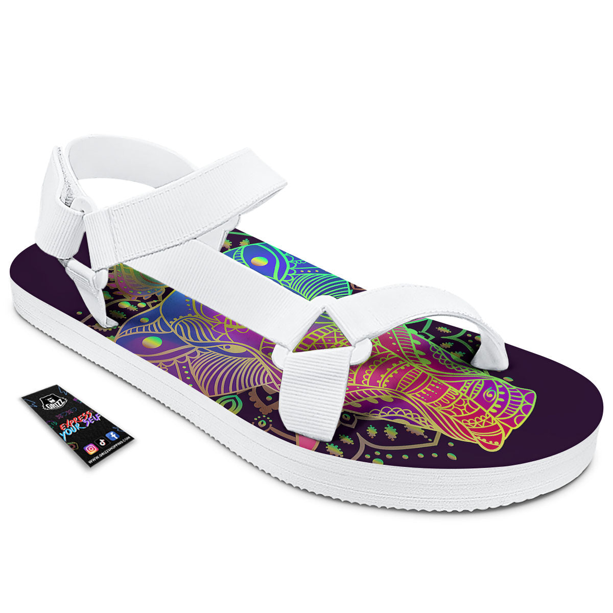 Hippie Elephant Indian Boho Print White Open Toe Sandals-grizzshop