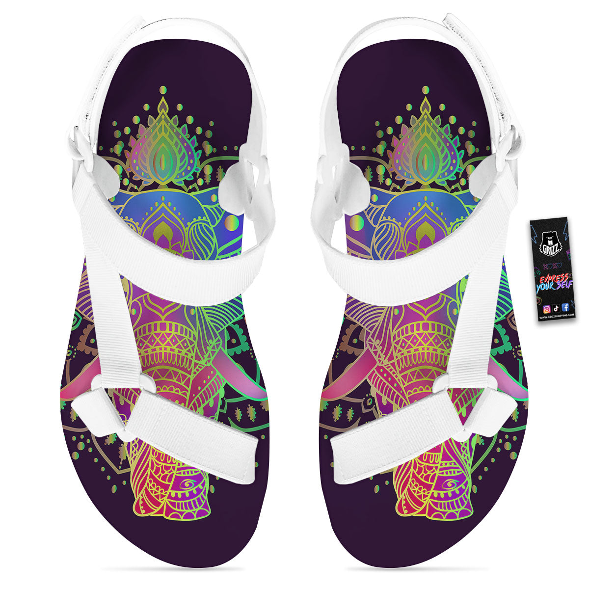 Hippie Elephant Indian Boho Print White Open Toe Sandals-grizzshop