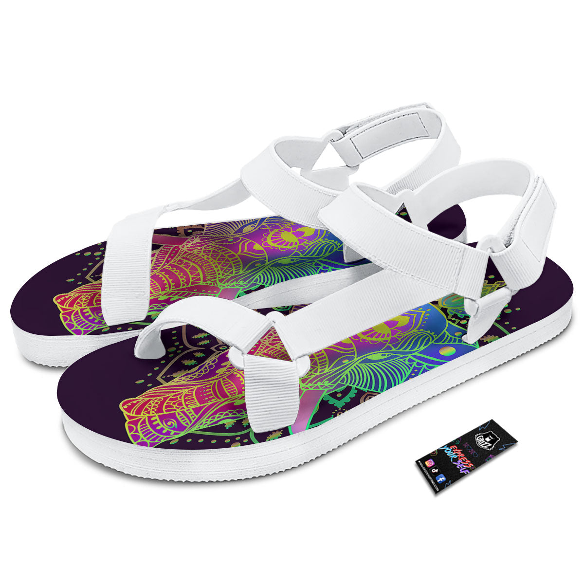 Hippie Elephant Indian Boho Print White Open Toe Sandals-grizzshop