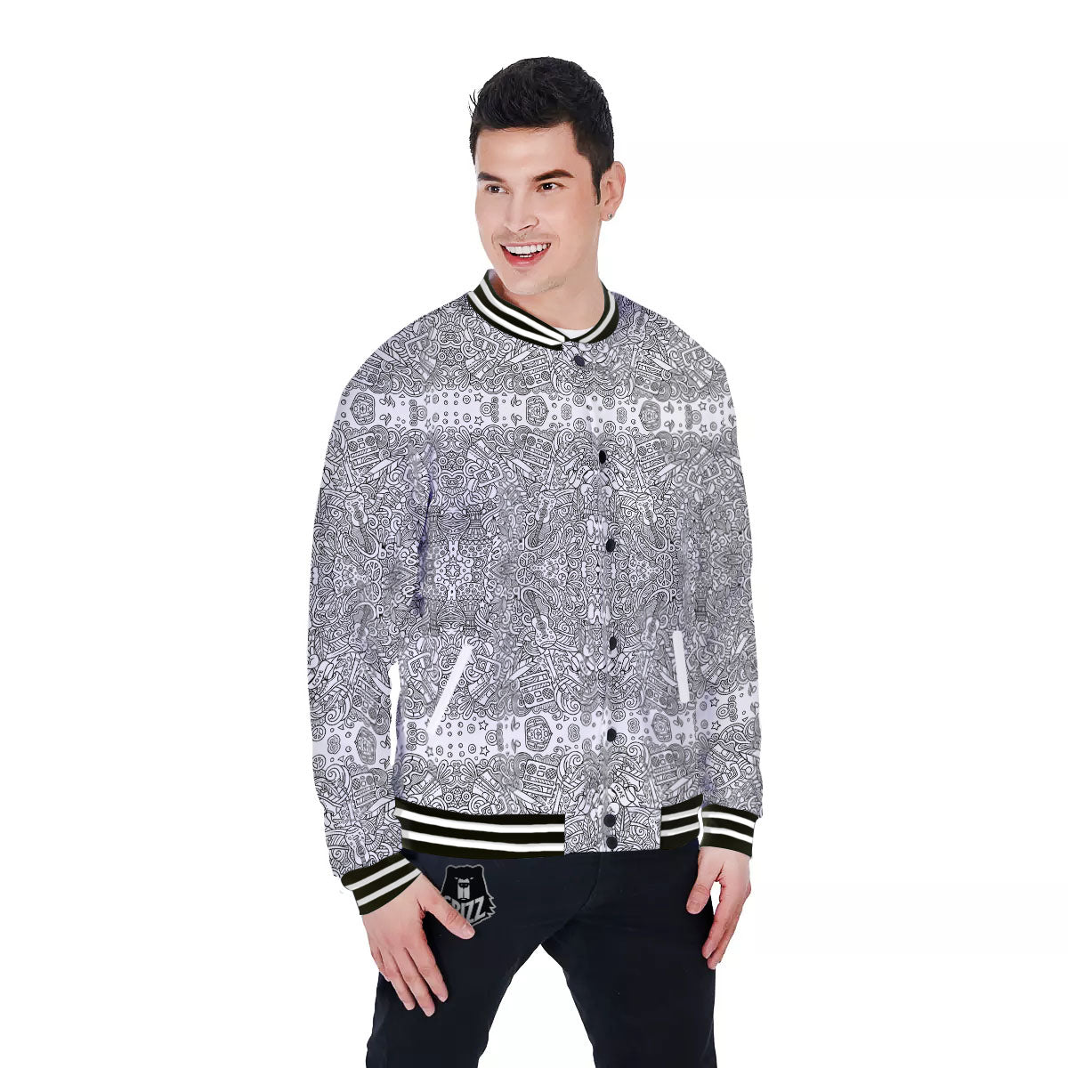 Hippie Graffiti Monochrome Print Pattern Baseball Jacket-grizzshop