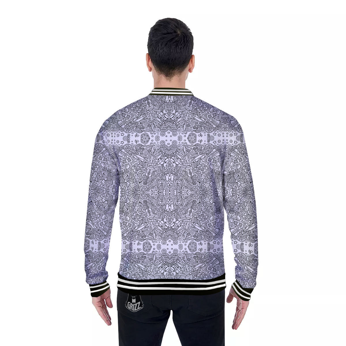 Hippie Graffiti Monochrome Print Pattern Baseball Jacket-grizzshop