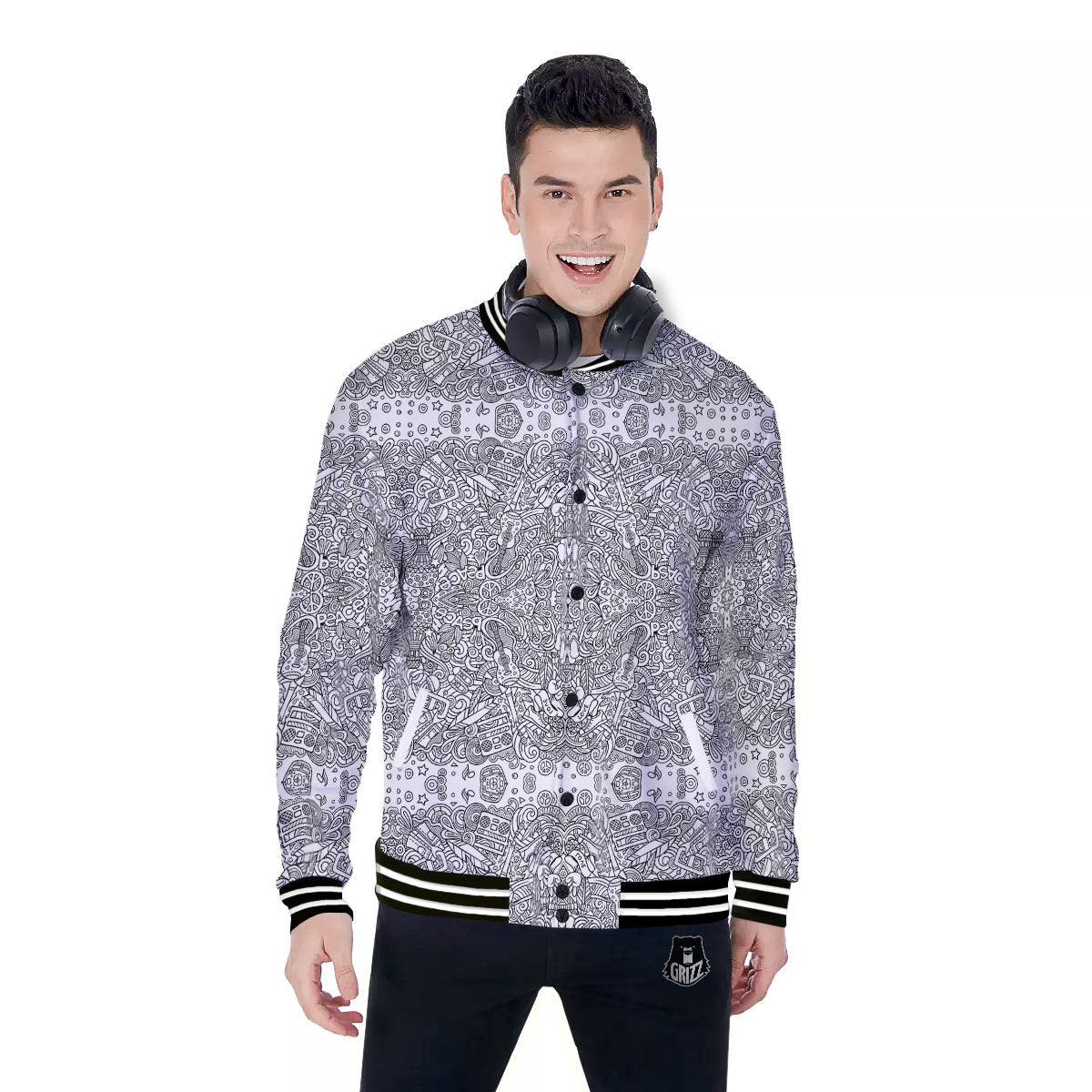 Hippie Graffiti Monochrome Print Pattern Baseball Jacket-grizzshop