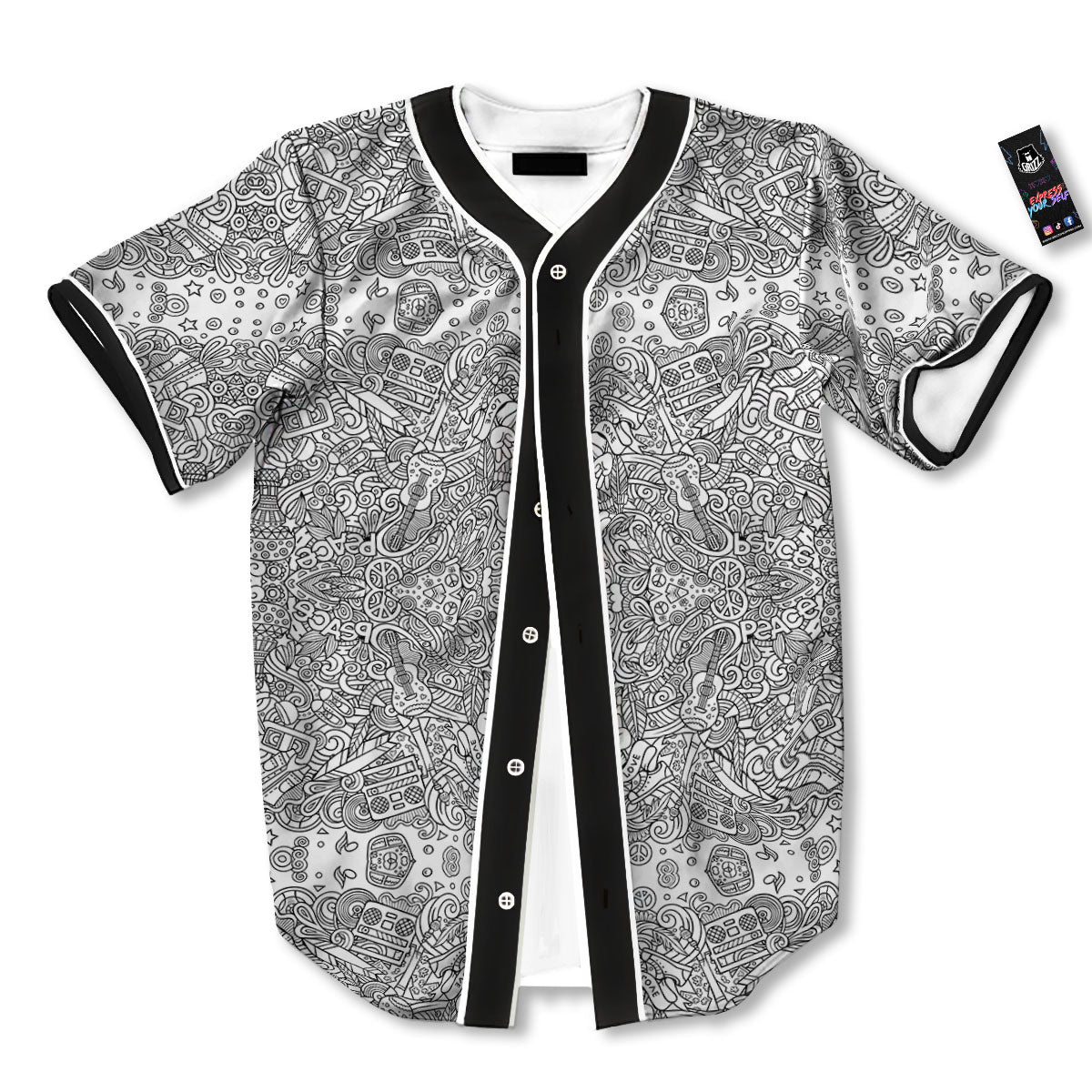 Hippie Graffiti Monochrome Print Pattern Baseball Jersey-grizzshop