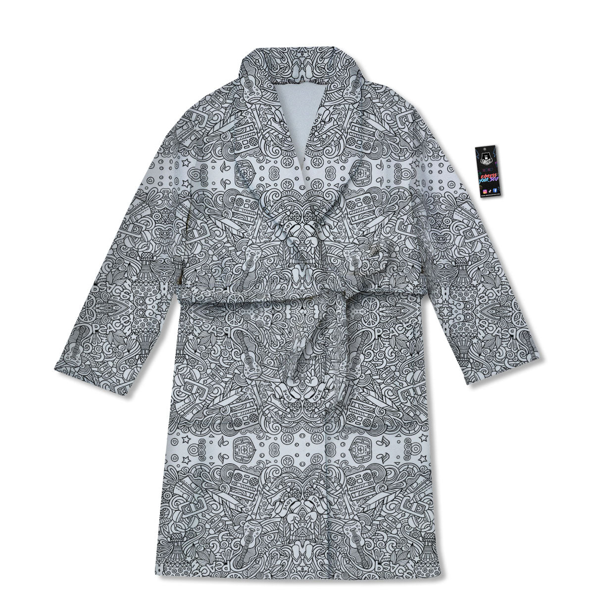 Hippie Graffiti Monochrome Print Pattern Bathrobe-grizzshop