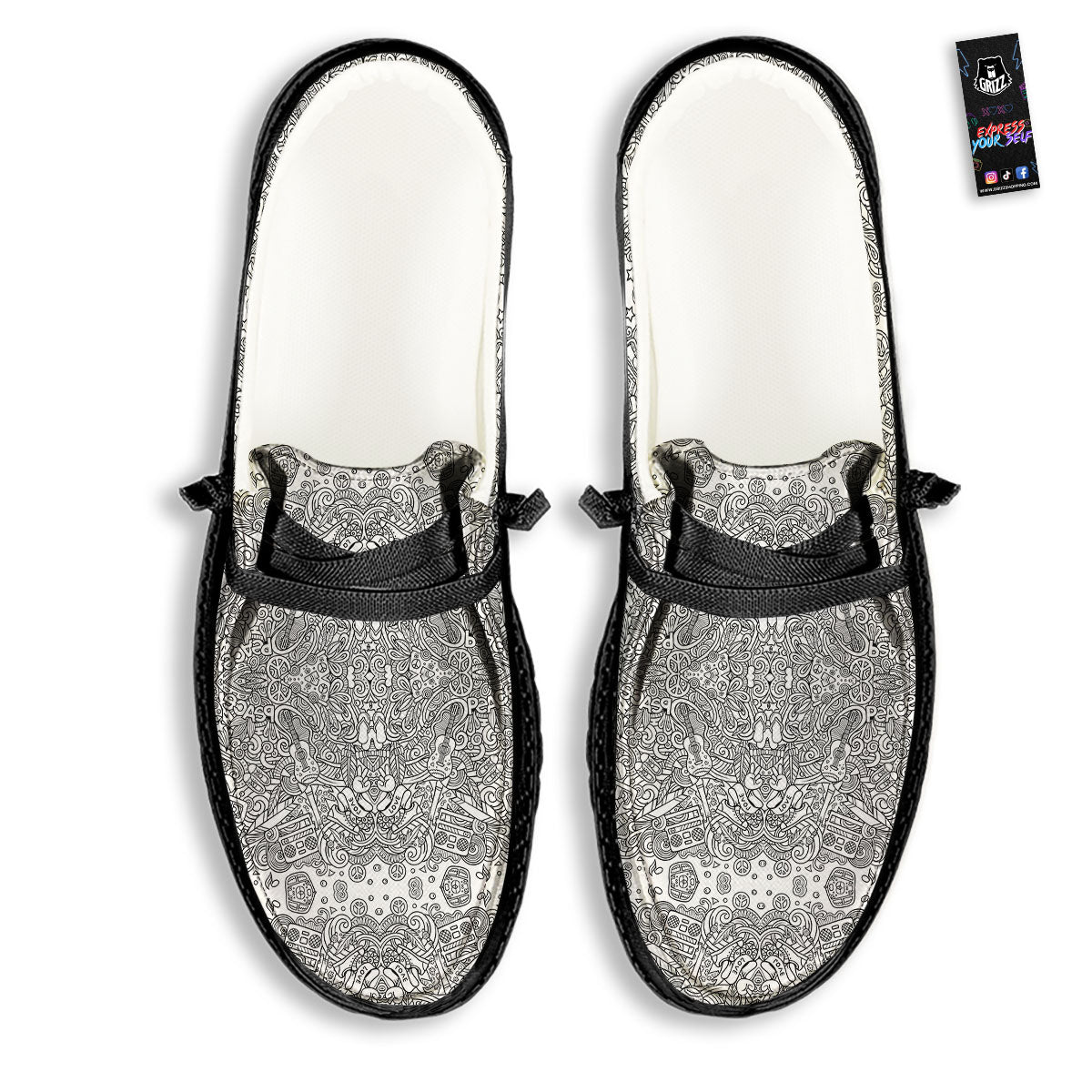 Hippie Graffiti Monochrome Print Pattern Black Loafers-grizzshop