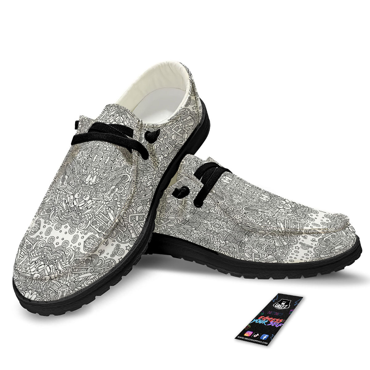 Hippie Graffiti Monochrome Print Pattern Black Loafers-grizzshop