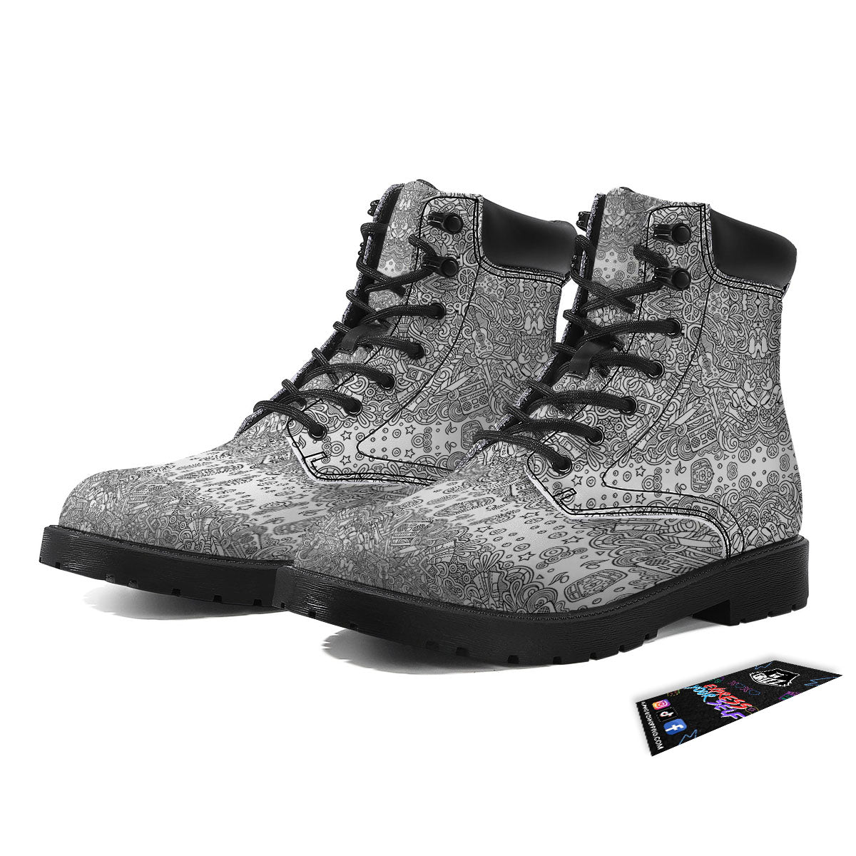 Hippie Graffiti Monochrome Print Pattern Boots-grizzshop