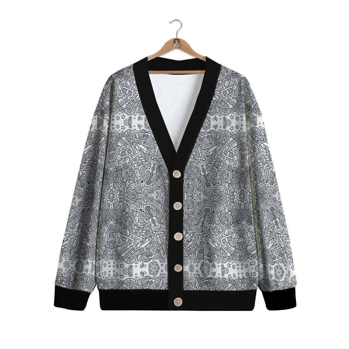 Hippie Graffiti Monochrome Print Pattern Cardigan-grizzshop