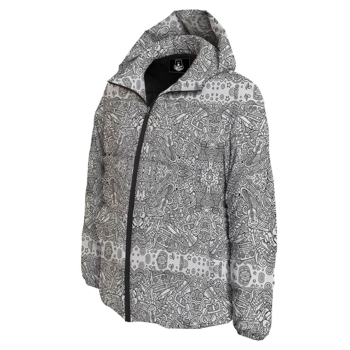 Hippie Graffiti Monochrome Print Pattern Down Jacket-grizzshop