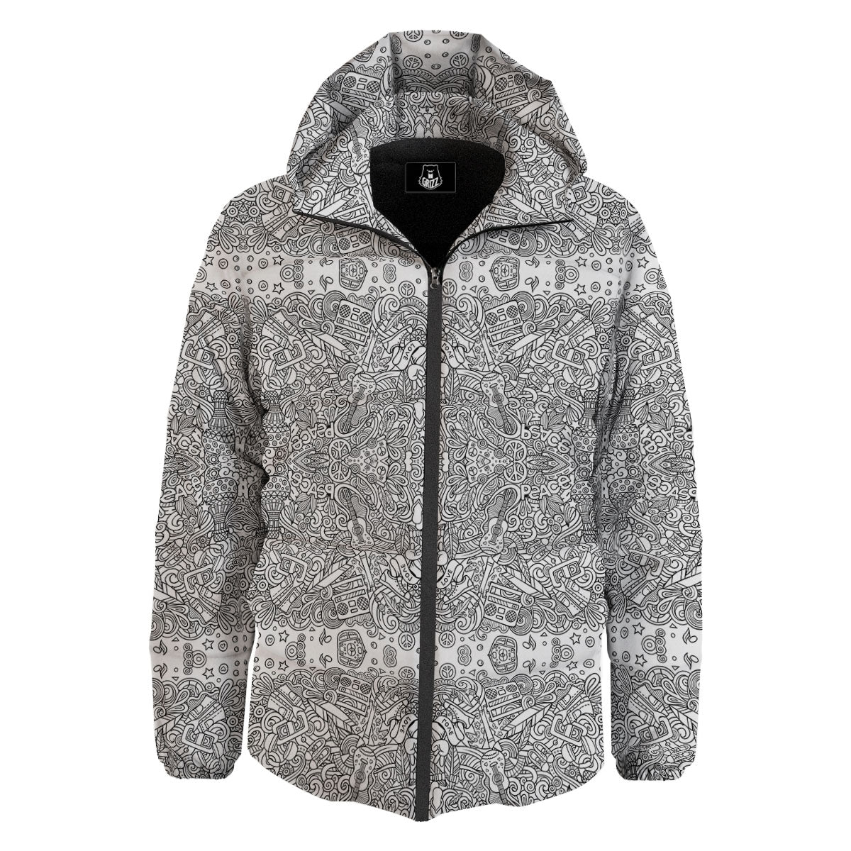 Hippie Graffiti Monochrome Print Pattern Down Jacket-grizzshop