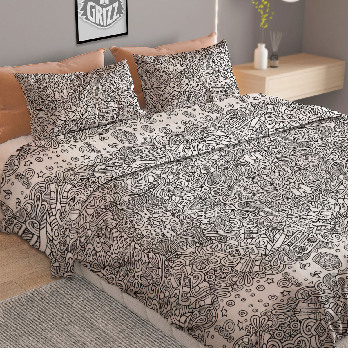 Hippie Graffiti Monochrome Print Pattern Duvet Cover Bedding Set