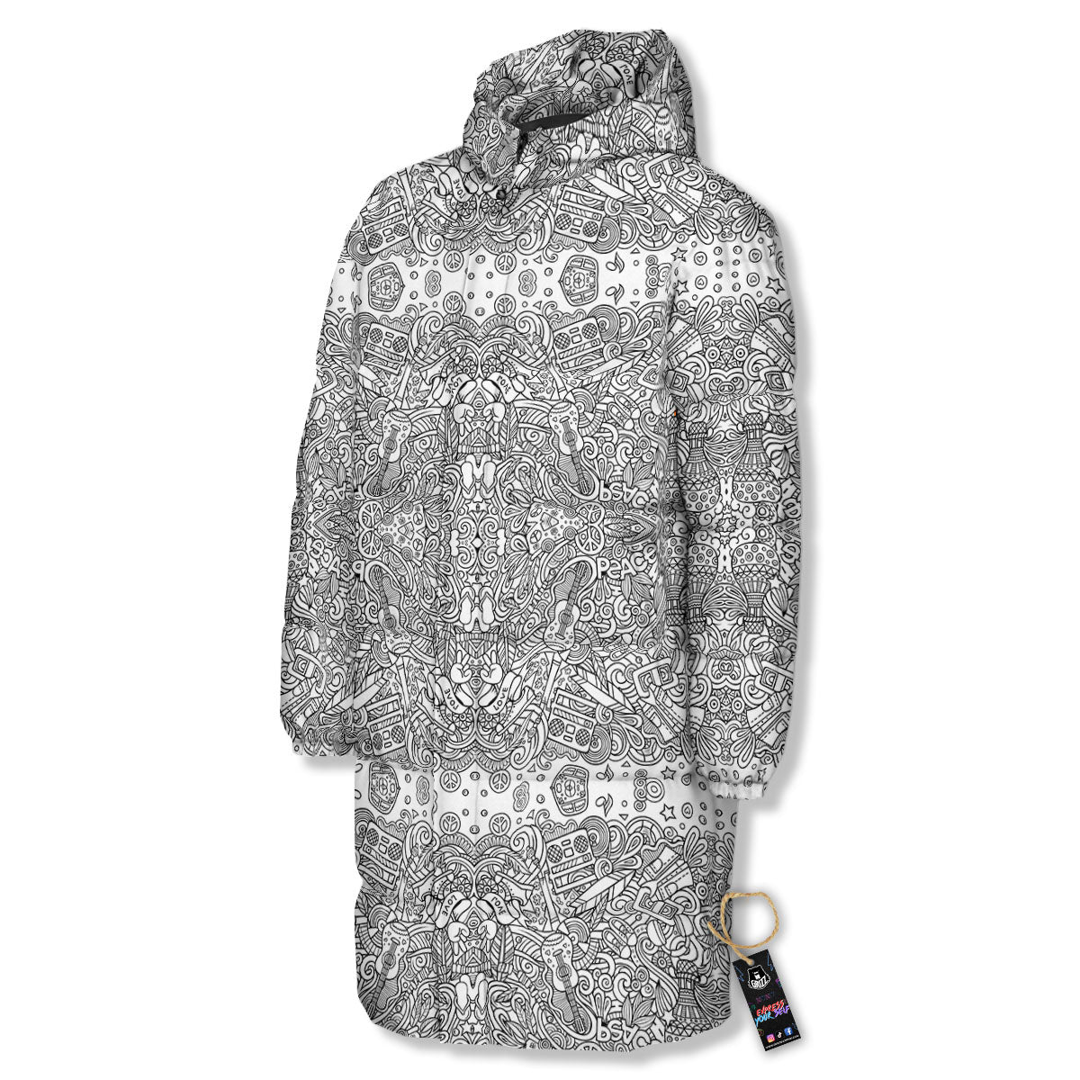 Hippie Graffiti Monochrome Print Pattern Long Down Jacket-grizzshop