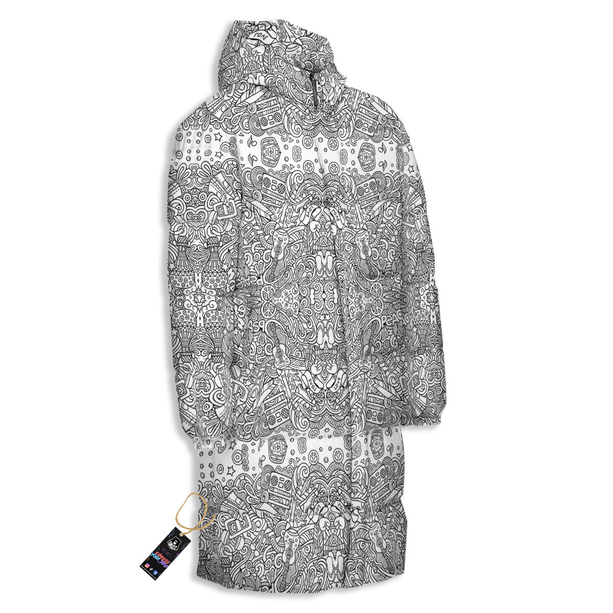 Hippie Graffiti Monochrome Print Pattern Long Down Jacket-grizzshop