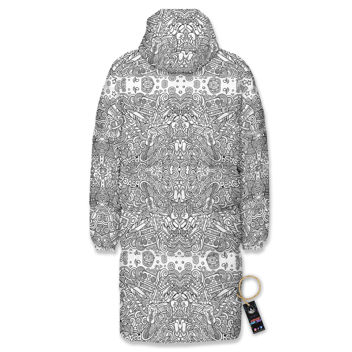 Hippie Graffiti Monochrome Print Pattern Long Down Jacket-grizzshop