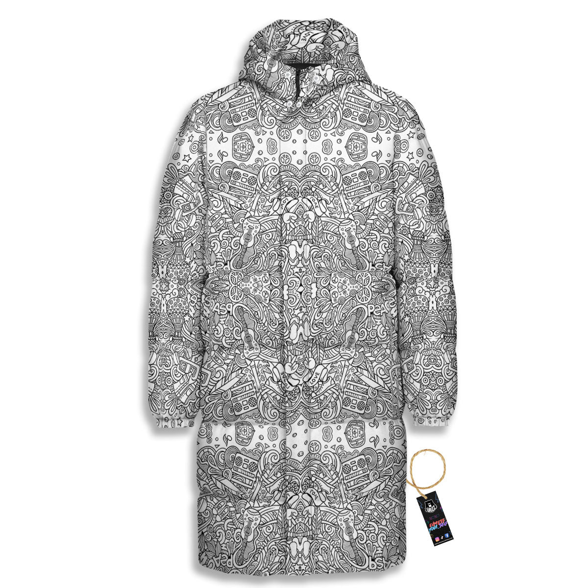 Hippie Graffiti Monochrome Print Pattern Long Down Jacket-grizzshop