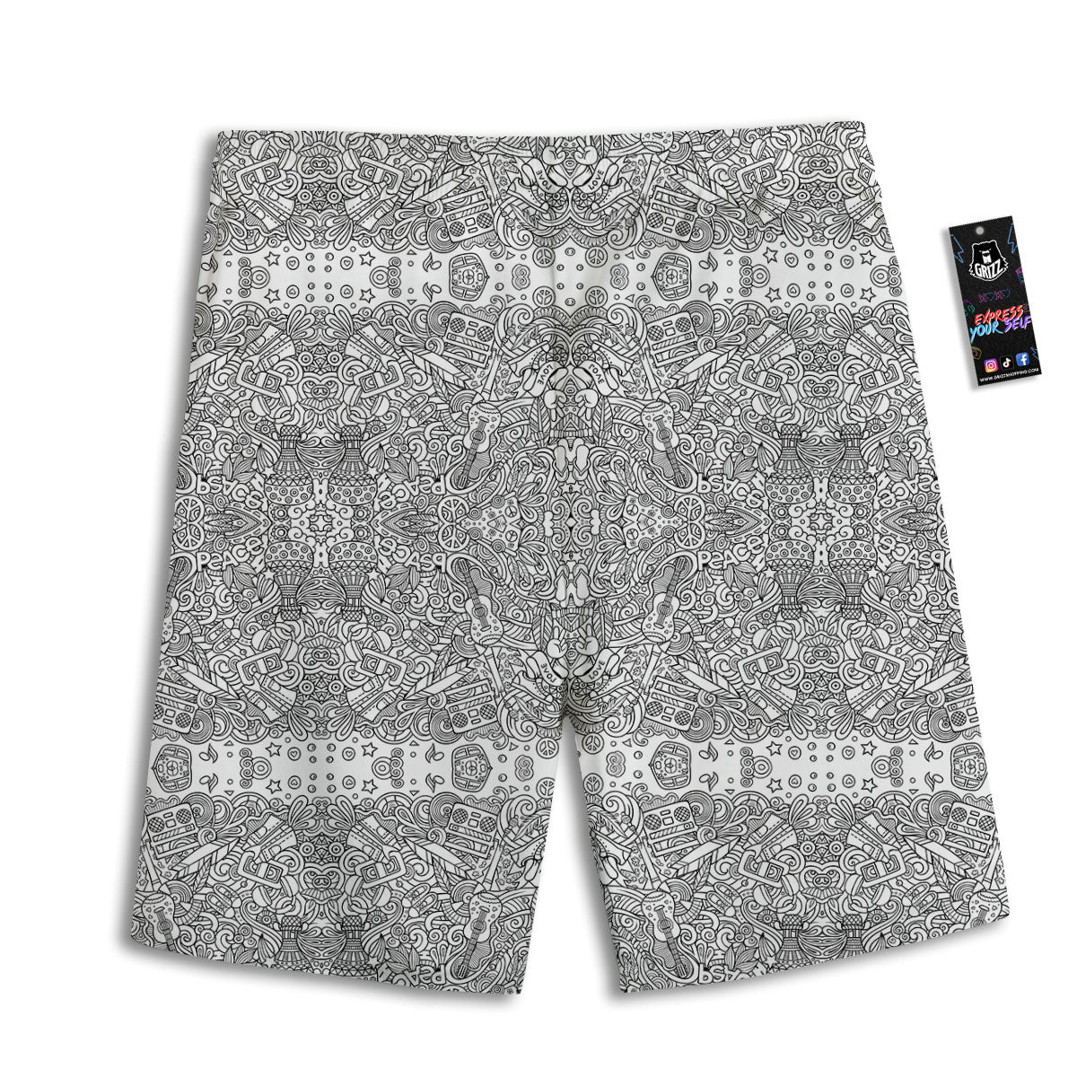 Hippie Graffiti Monochrome Print Pattern Men's Athletic Shorts