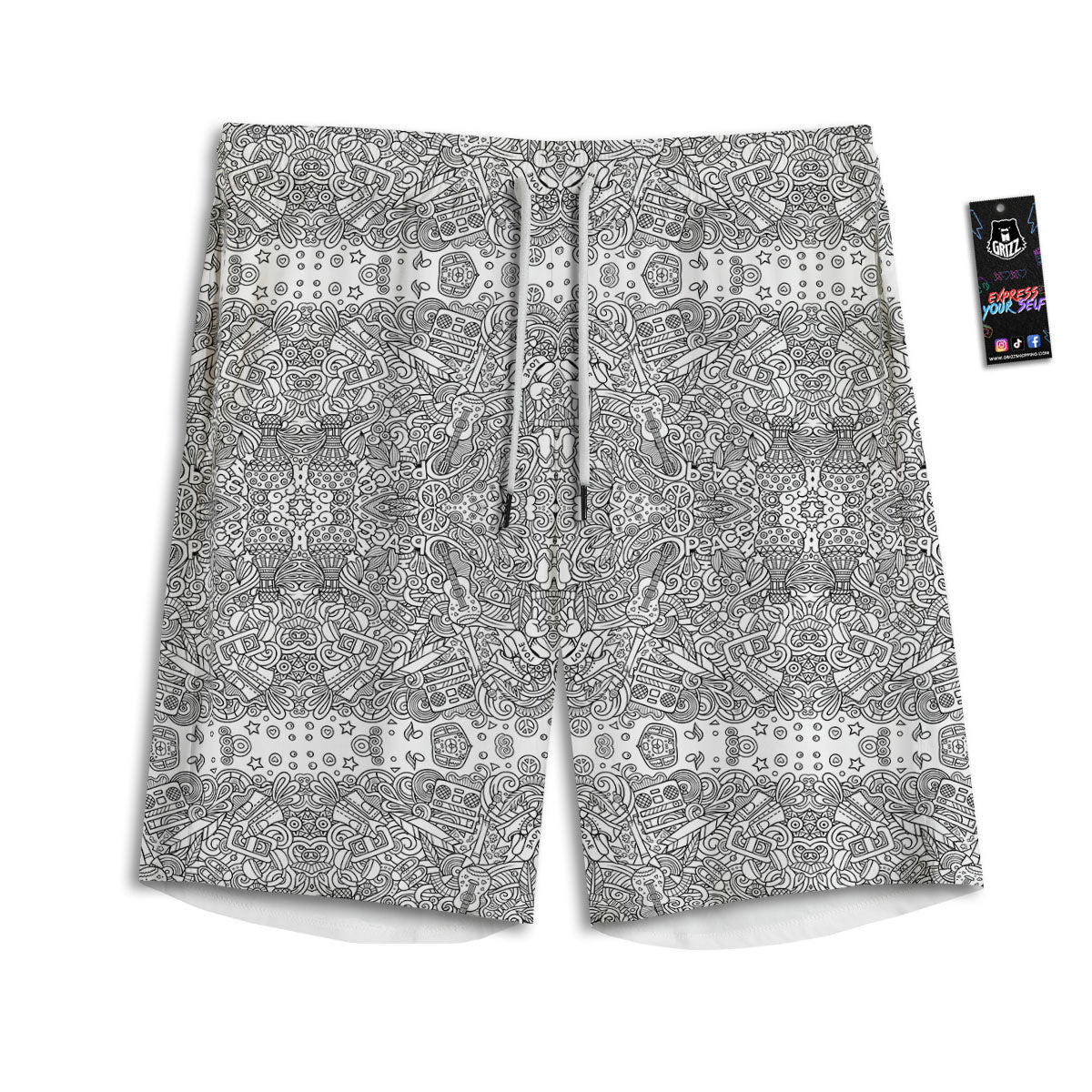 Hippie Graffiti Monochrome Print Pattern Men's Athletic Shorts