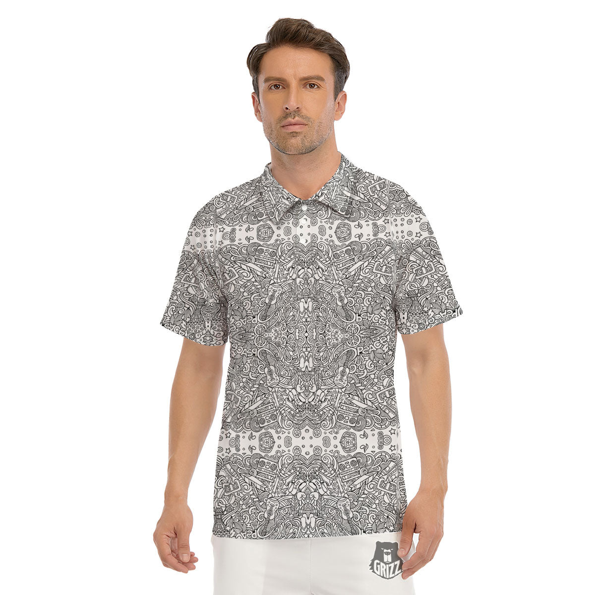 Hippie Graffiti Monochrome Print Pattern Men's Golf Shirts-grizzshop