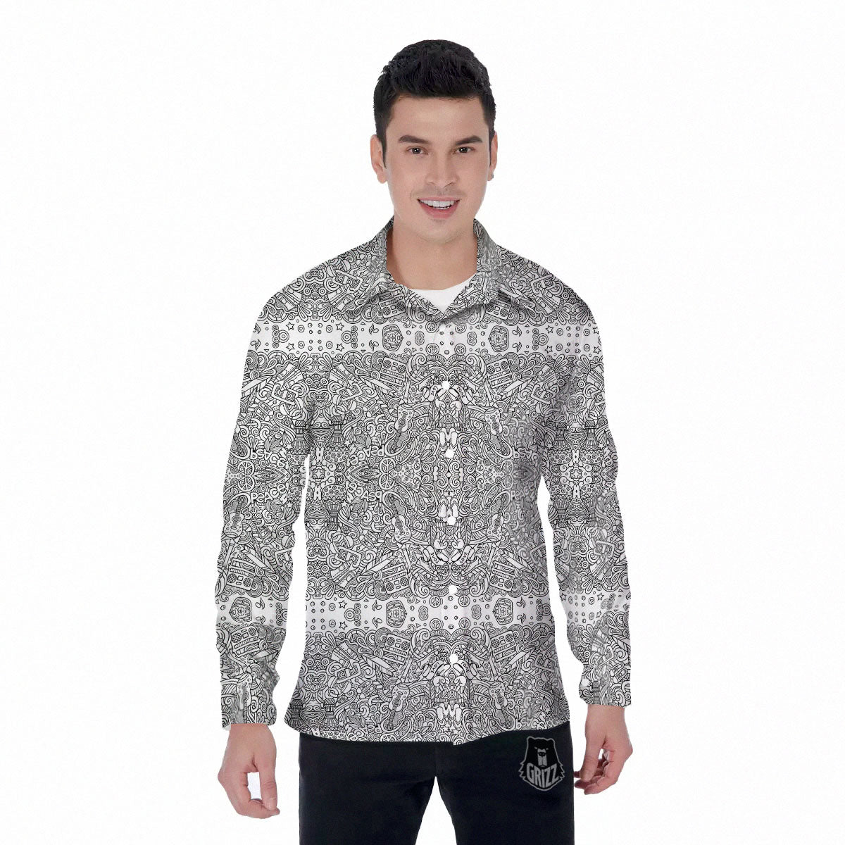 Hippie Graffiti Monochrome Print Pattern Men's Long Sleeve Shirts-grizzshop