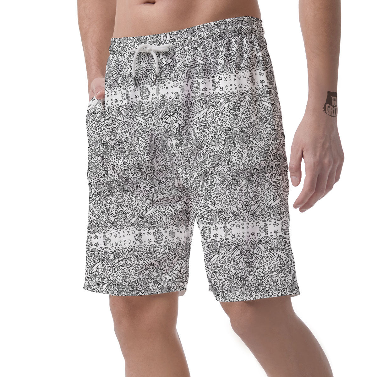 Hippie Graffiti Monochrome Print Pattern Men's Shorts-grizzshop