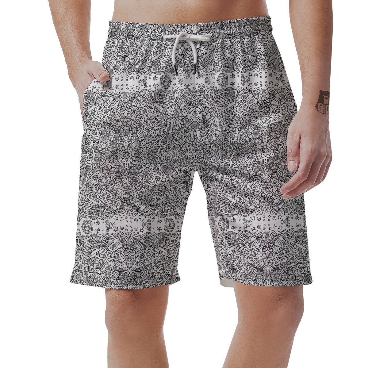 Hippie Graffiti Monochrome Print Pattern Men's Shorts-grizzshop