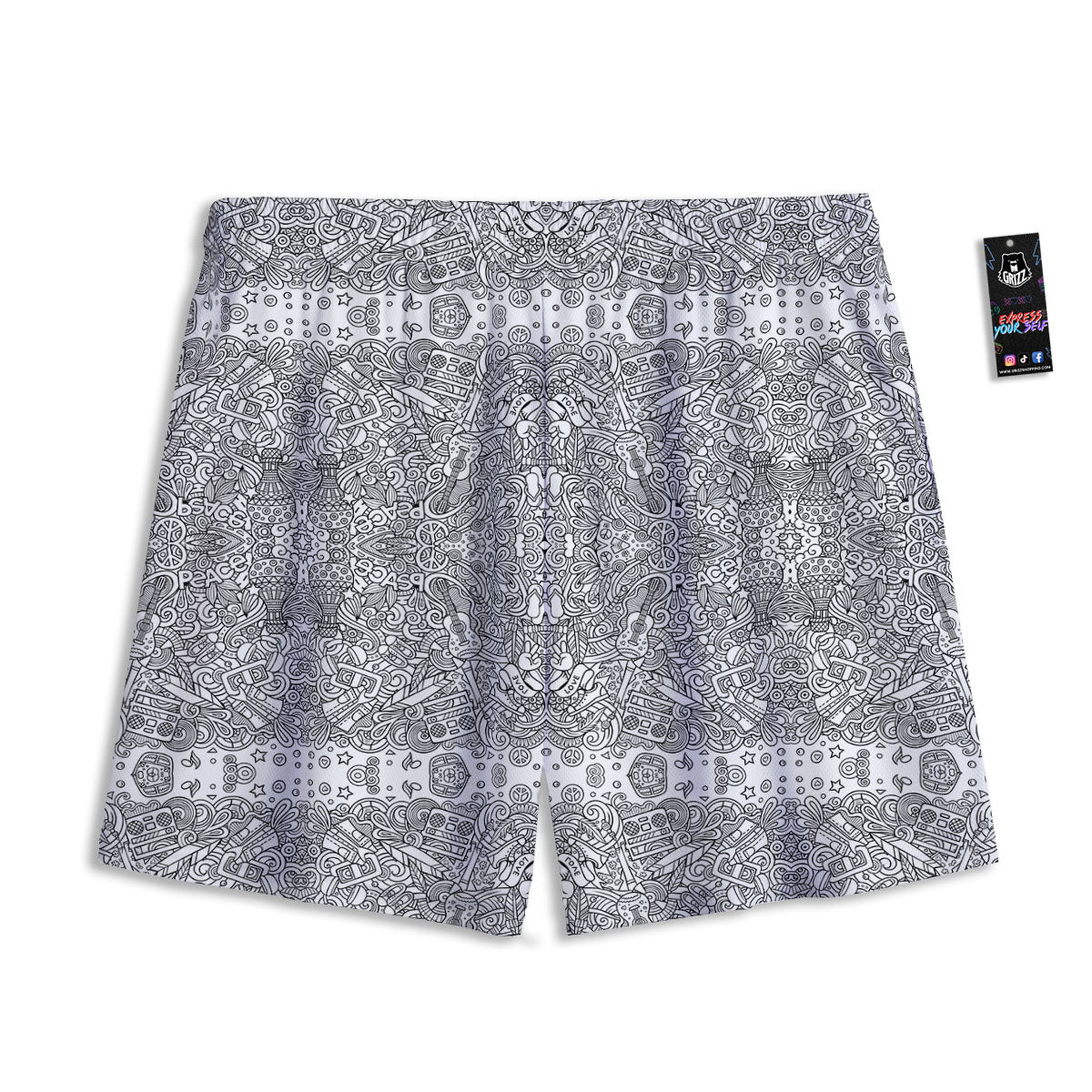 Hippie Graffiti Monochrome Print Pattern Mesh Shorts