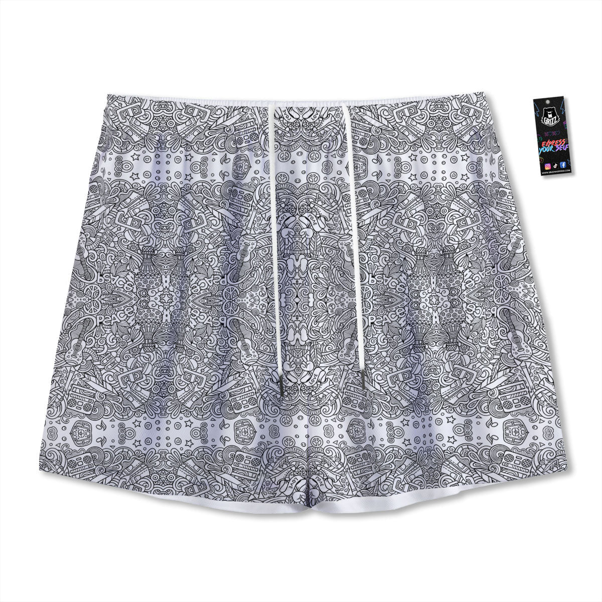 Hippie Graffiti Monochrome Print Pattern Mesh Shorts