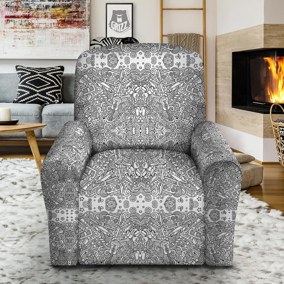 Hippie Graffiti Monochrome Print Pattern Recliner Slipcover-grizzshop