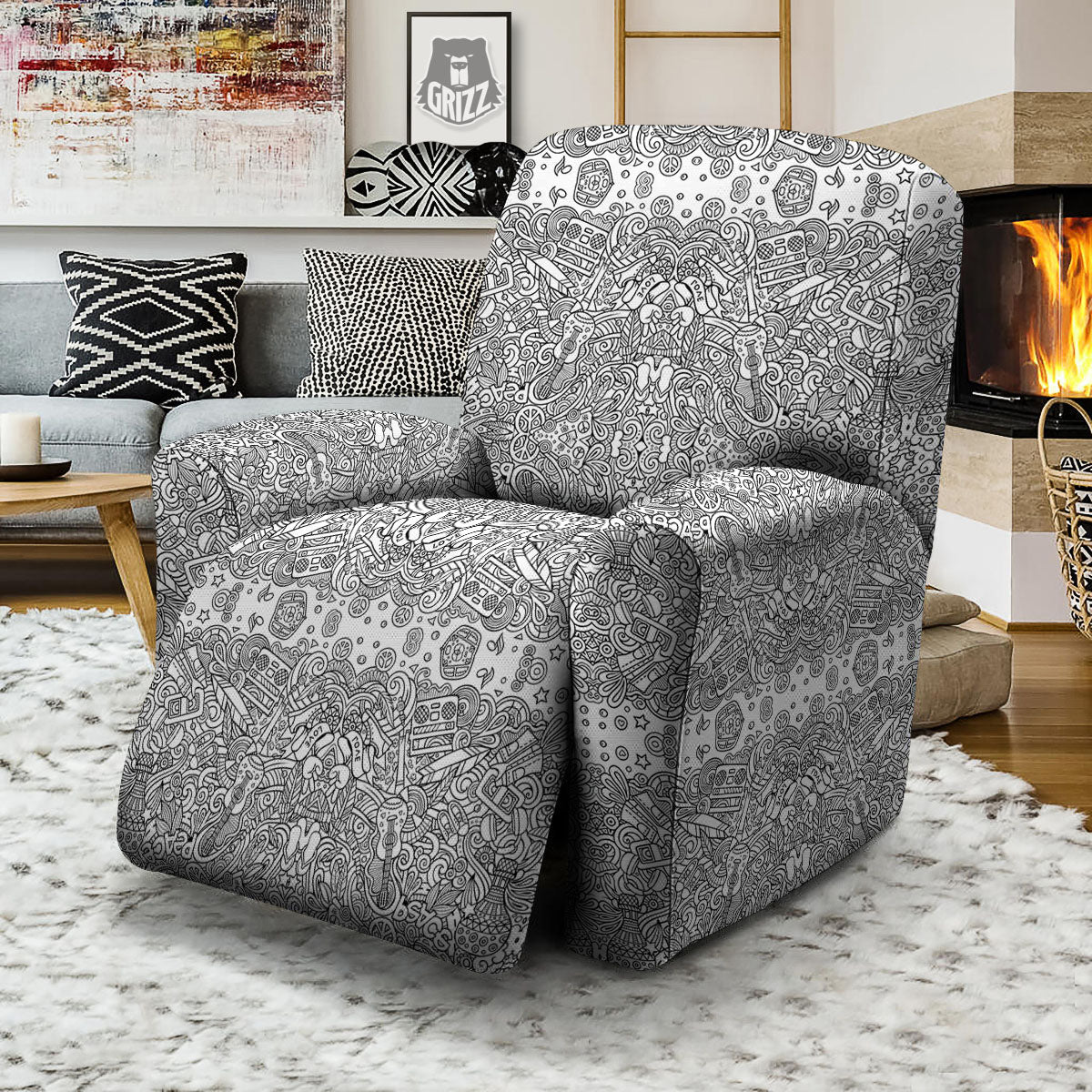 Hippie Graffiti Monochrome Print Pattern Recliner Slipcover-grizzshop