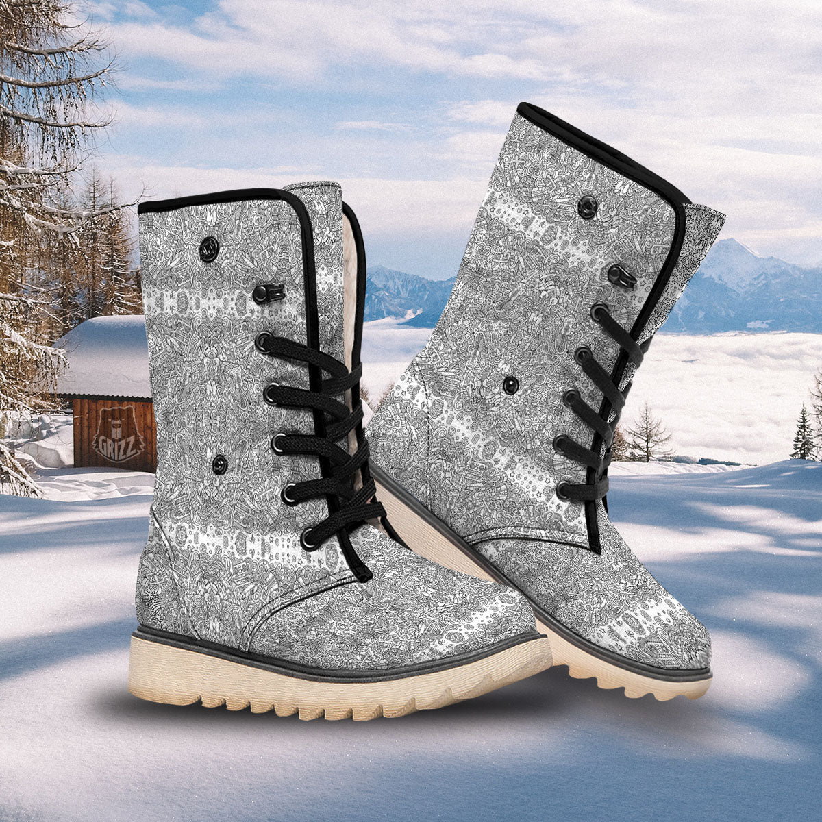 Hippie Graffiti Monochrome Print Pattern Snow Boots-grizzshop