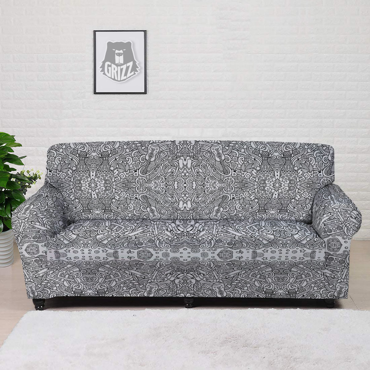 Hippie Graffiti Monochrome Print Pattern Sofa Cover-grizzshop