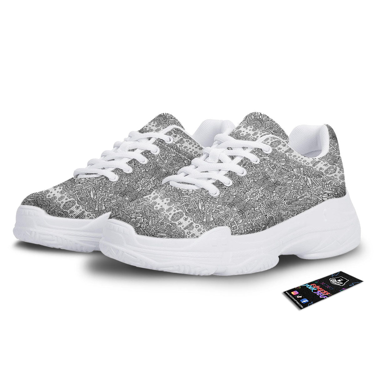 Hippie Graffiti Monochrome Print Pattern White Chunky Shoes-grizzshop