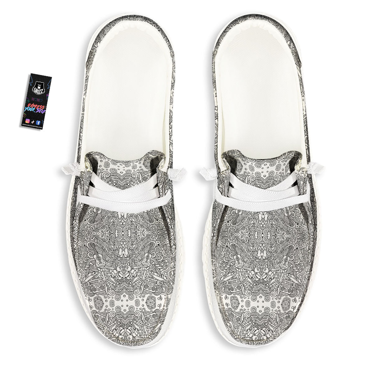 Hippie Graffiti Monochrome Print Pattern White Loafers-grizzshop