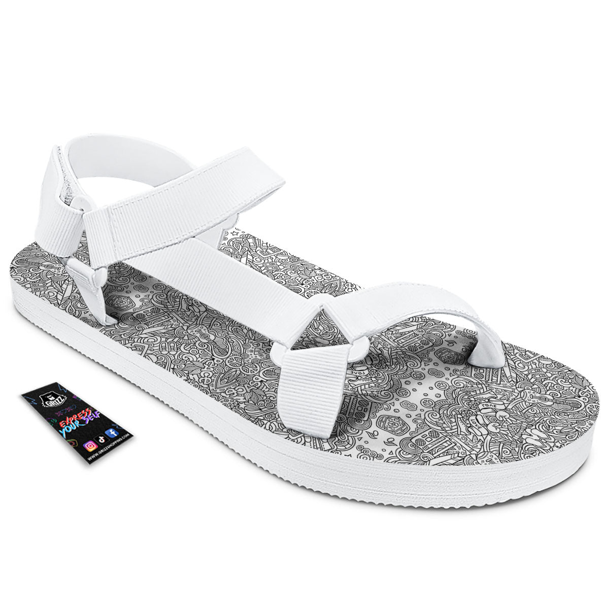 Hippie Graffiti Monochrome Print Pattern White Open Toe Sandals-grizzshop