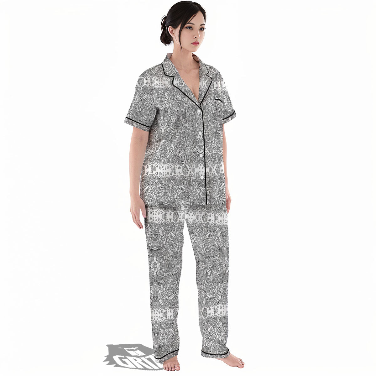 Hippie Graffiti Monochrome Print Pattern Women's Pajamas Set-grizzshop