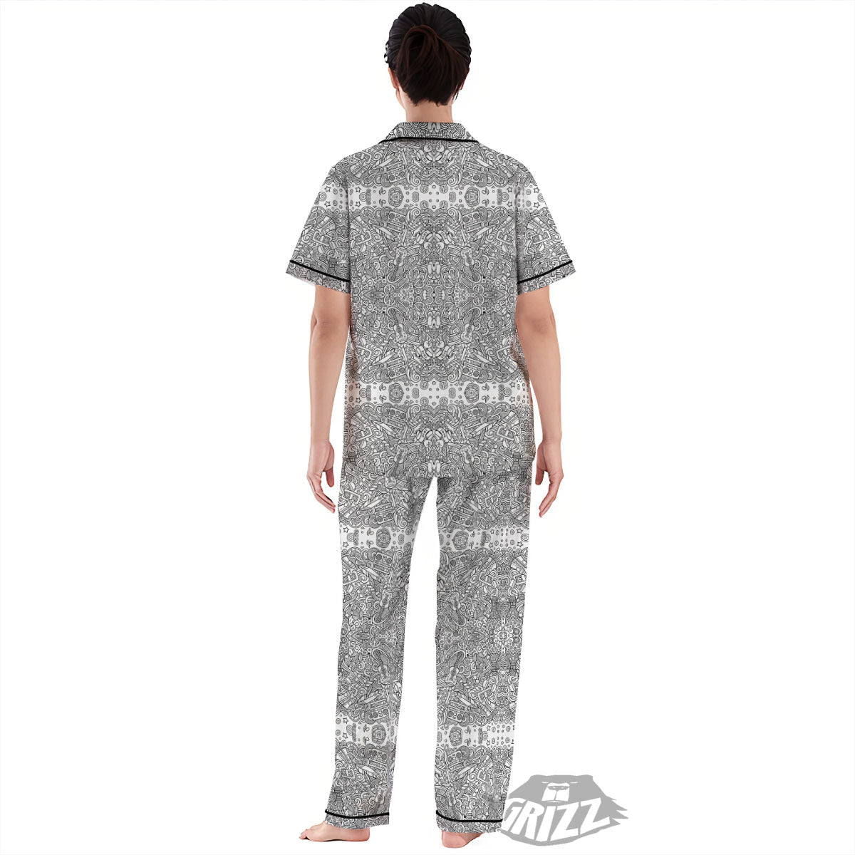 Hippie Graffiti Monochrome Print Pattern Women's Pajamas Set-grizzshop