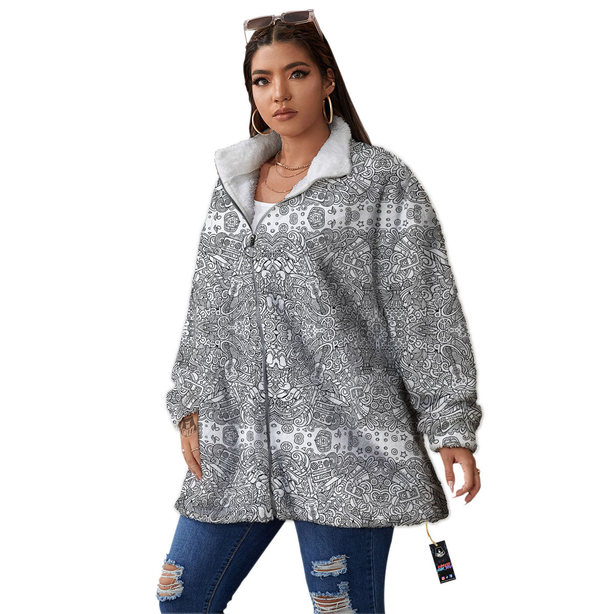 Hippie Graffiti Monochrome Print Pattern Women's Sherpa Jacket-grizzshop