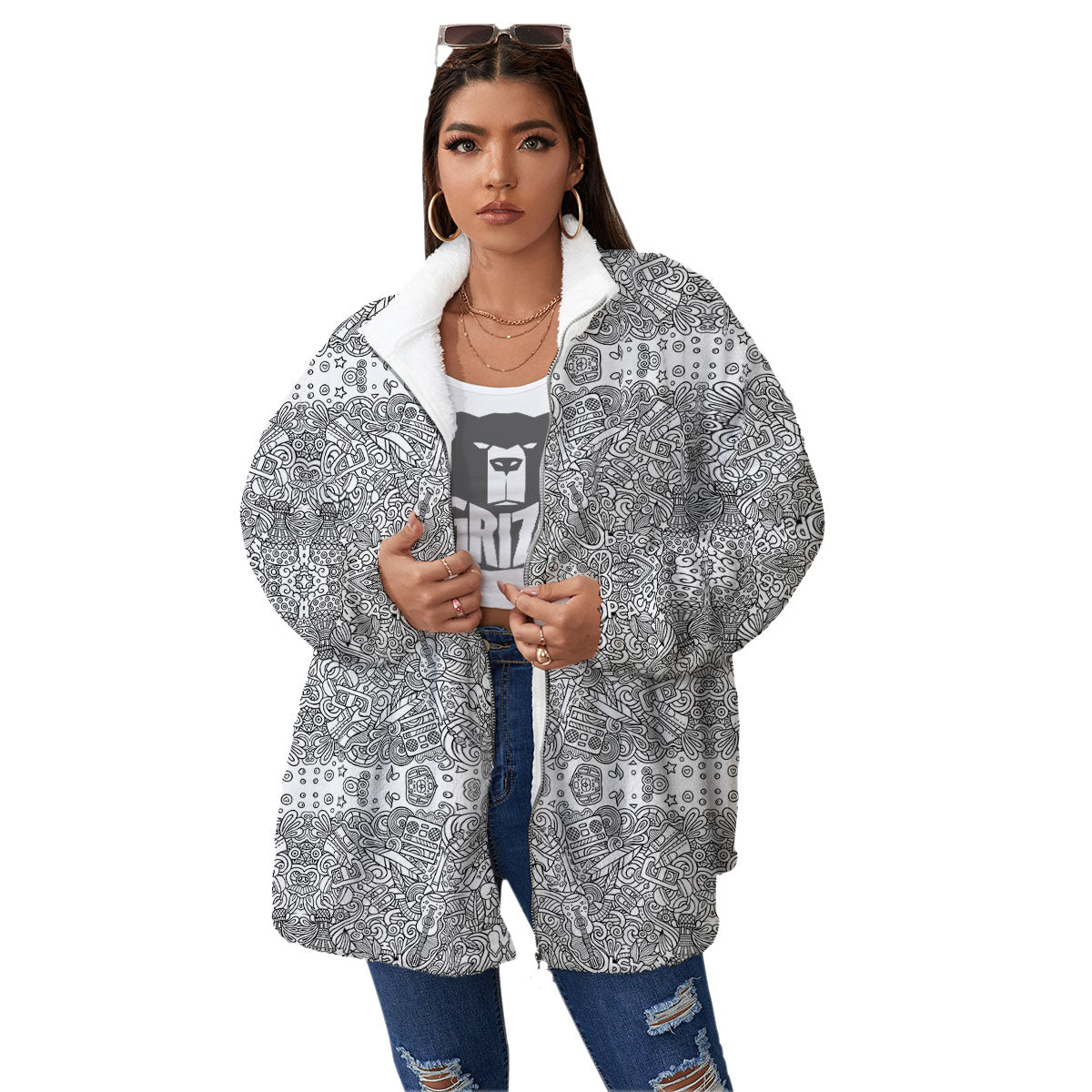 Hippie Graffiti Monochrome Print Pattern Women's Sherpa Jacket-grizzshop